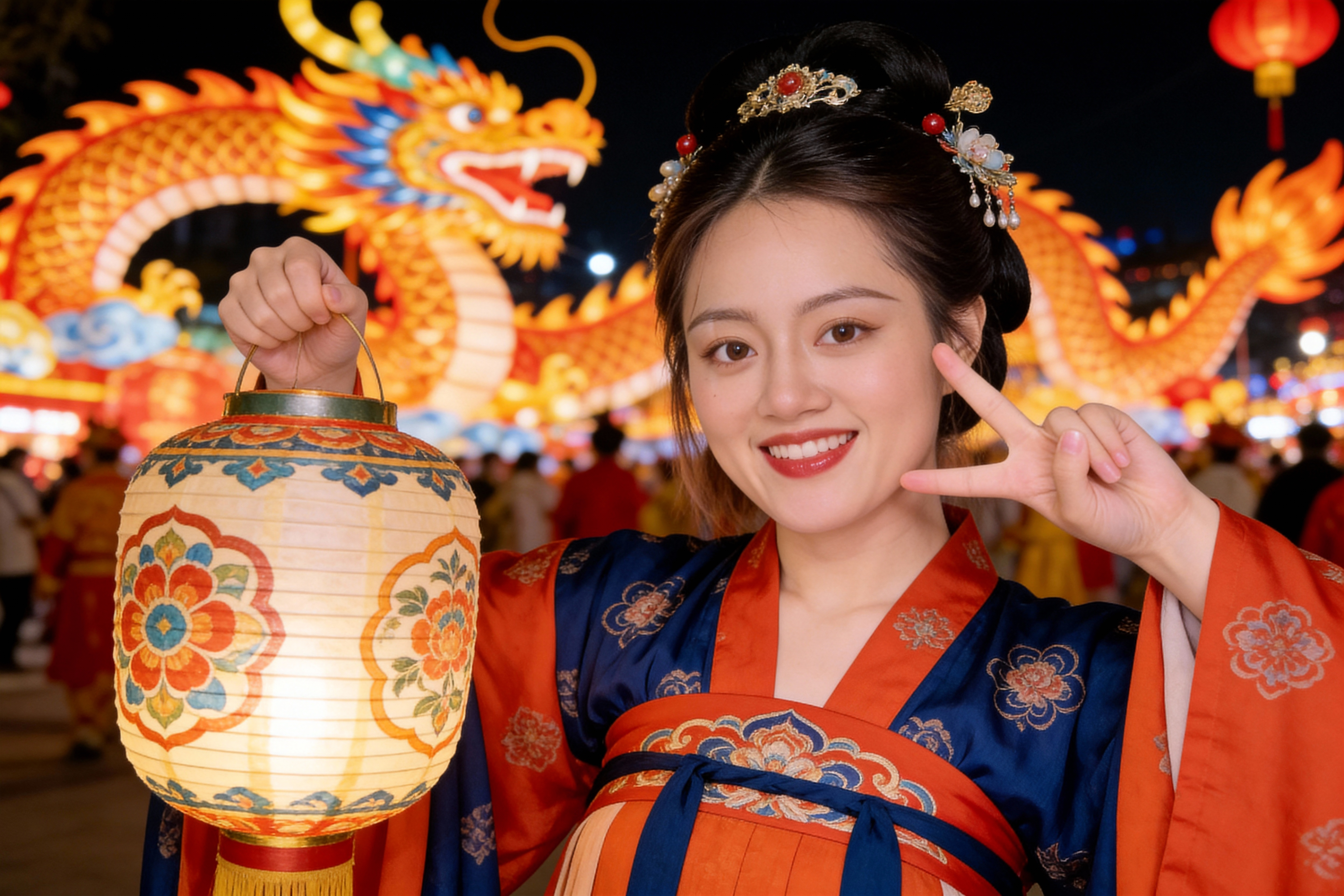 图片展示了一位身着传统服饰的女性,手持灯笼,背景是夜景中的龙形装饰和红色灯笼。女性面带微笑,做出“V”字手势,服饰为蓝色与橙色相间,头饰精致,整体画面色彩鲜艳,充满节日氛围。该图片与上下文紧密相关,直观呈现了用户在大头贴机器上拍摄出的高质量艺术照,体现了在AI模型加持下,单一大头贴机器焕发新生,用户能拍出更好视觉效果的艺术照这一内容。