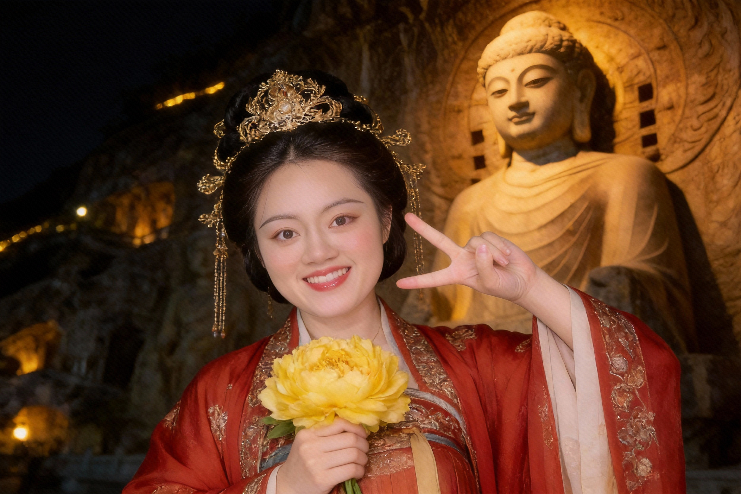 图片展示展示了一位身着红色古装、头戴金色头饰的女子,手持黄色花朵,比出“V”字手势,背景是夜晚的山洞和一尊佛像。该图片与文档中“大头贴机器——存量机器焕发新生”案例相关,说明用户在大头贴拍照基础上,通过AI模型加持,能拍出高质量、更好视觉效果的艺术照,如文旅景区、节日氛围打卡照片等,体现了单一大头贴机器焕发新生的效果。