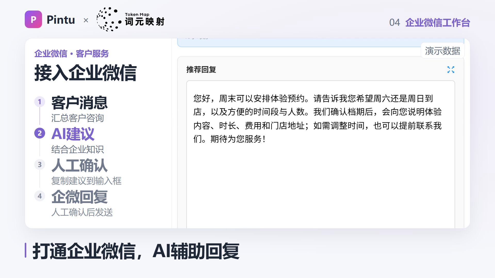 图片展示了企业微信接入Pintu(拼图AI)的流程,分为客户消息、AI建议、人工确认、企微回复四步。客户消息部分汇总客户咨询;AI建议结合企业知识给出回复建议;人工确认复制建议到输入框;企微回复人工确认后发送。右侧是企业微信界面,显示推荐回复内容,即周末可预约体验,需告知到店日期、时间与人数,确认档期后会说明详情,如需调整可提前联系。该图与上下文介绍的业务同事与客户沟通流程相呼应,体现AI辅助回复功能。