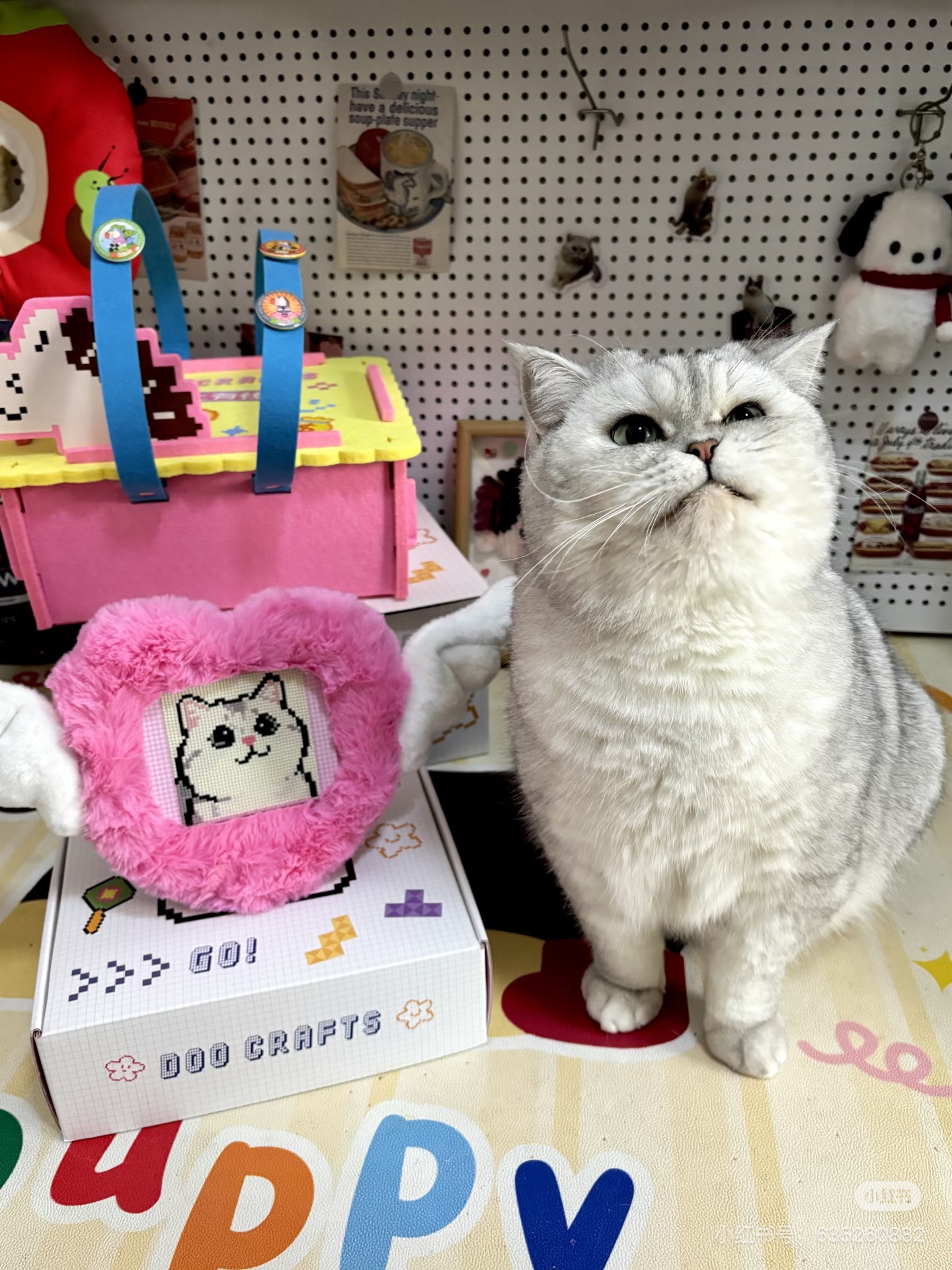 图片展示了一只可爱的猫咪,它站立在印有“Doo Crafts”字样的白色盒子上,盒子周围摆放着粉色的爱心形状装饰品、粉色的盒子等小物件。背景墙上挂着一些装饰品,如红色的帽子、带有图案的杯子等。猫咪的姿势和表情显得非常萌趣,与图片下方彩色字母“Happy”相呼应,营造出一种轻松愉快的氛围。该图片可能用于展示Doo Crafts品牌相关产品或活动场景。