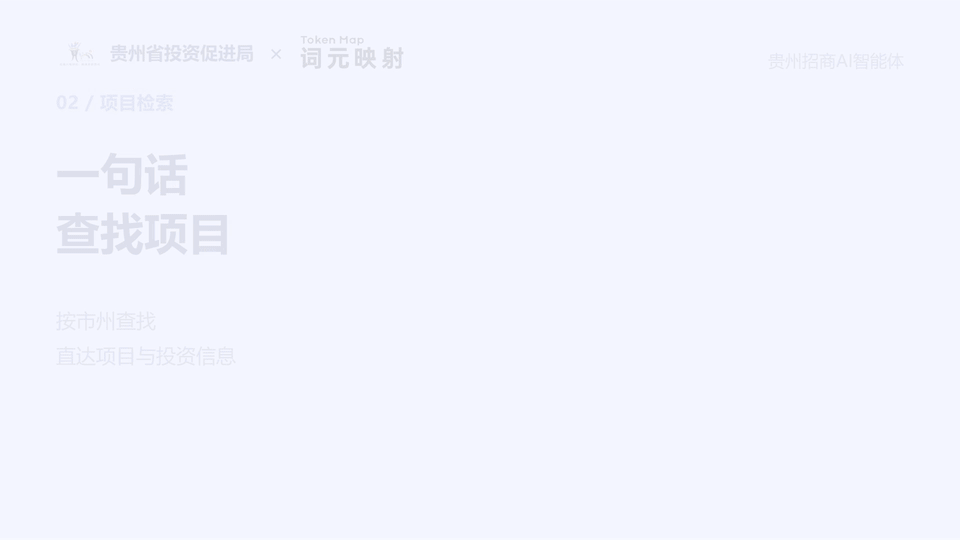 图片展示的是贵州招商AI智能体的项目检索功能,标题为“一句话查找项目”,下方说明按市州查找,直达项目与投资信息。图片位于介绍贵州招商AI智能体功能的文档中,是对该智能体按市州查找项目功能的直观呈现,与上下文提到的“项目介绍视频画面:4项手工检索整理操作→1次自然语言提问。75%采用上述步骤测算口径”相呼应,直观展示了其按市州查找项目这一功能特点。