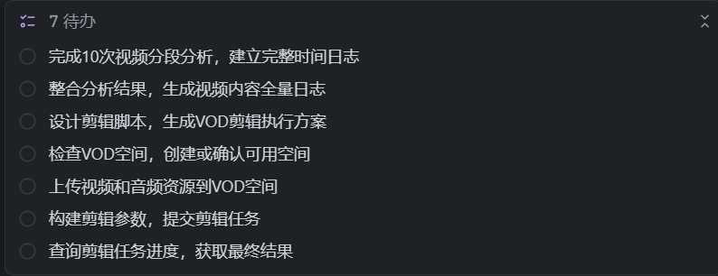 图片展示的是视频剪辑任务的待办事项。内容包括:完成10次视频分段分析,建立完整时间日志;整合分析结果,生成视频内容全量日志;设计剪辑脚本,生成VOD剪辑执行方案;检查VOD空间,创建或确认可用空间;上传视频和音频资源到VOD空间;构建剪辑参数,提交剪辑任务;查询剪辑任务进度,获取最终结果。该图片与文档中视频剪辑任务的流程说明相关,是对任务步骤的详细罗列。
